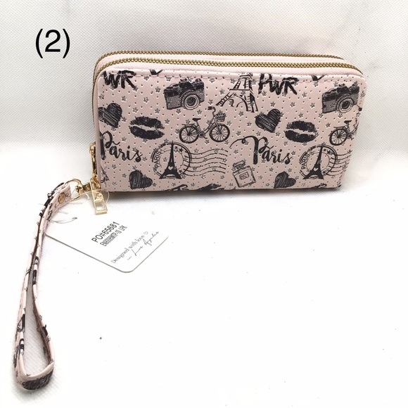 Blush Kiss Glitter Paris Eiffel Tower Butterfly Print Wristlet Wallet - Picture 4 of 10